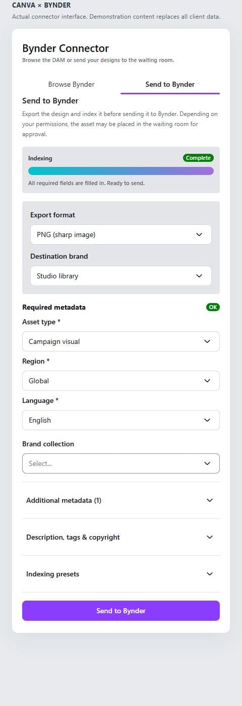 Canva connector export format and fictional required metadata before sending to Bynder.