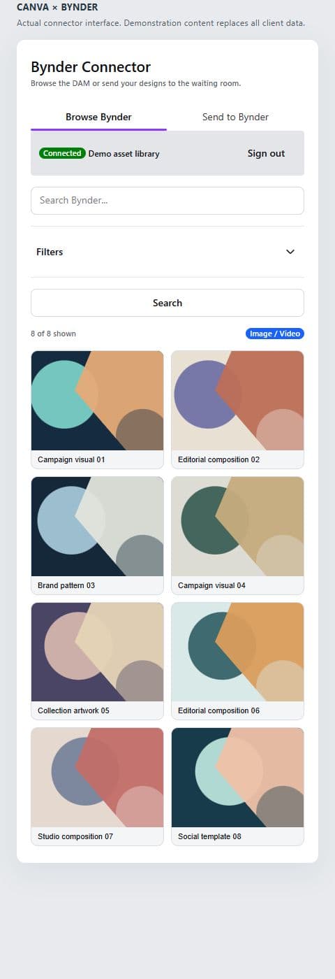 The Canva connector’s Bynder browsing tab with a fictional asset library.