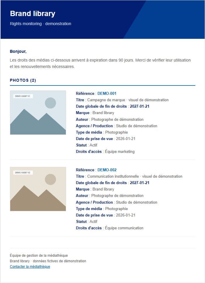 Rights expiry email showing two fictional assets and fictional metadata.