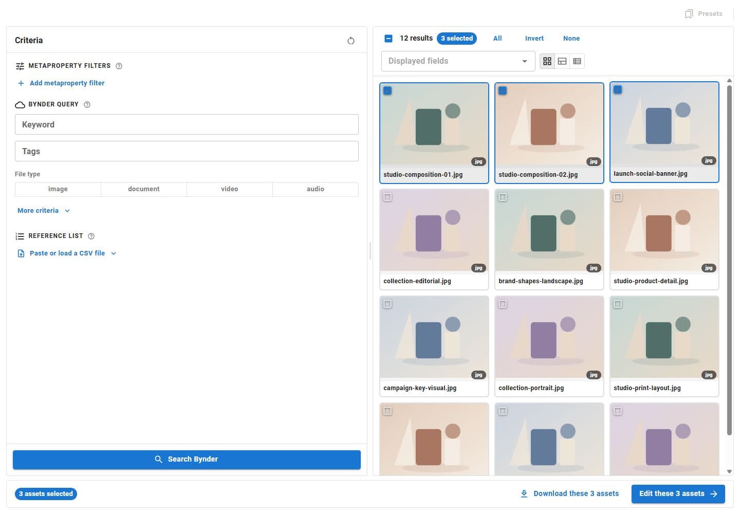 Interface de recherche Bynder avec critères, filtres et galerie de médias fictifs.