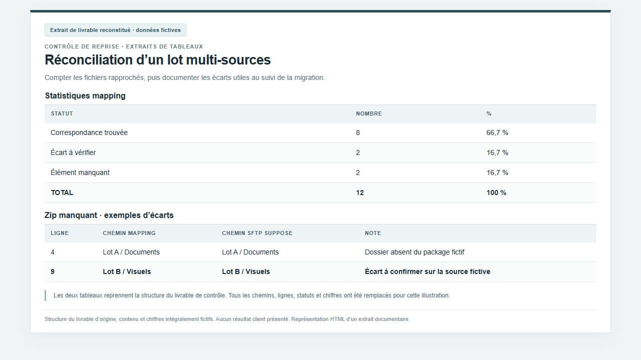 Extrait de réconciliation multi-sources avec écarts fictifs.